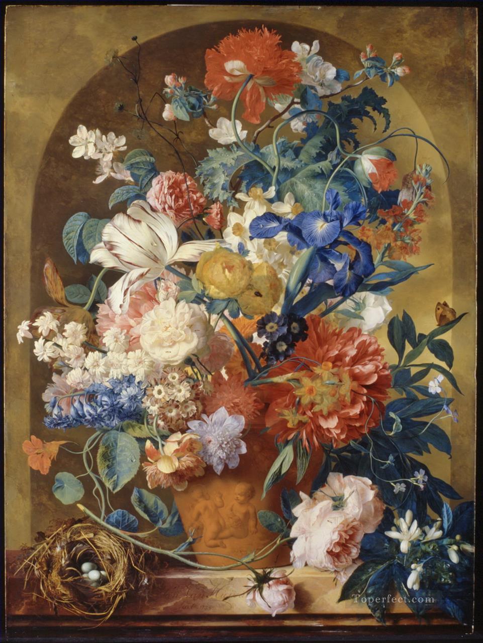 ヤン・ファン・ホイスムの古典的な花の龕の前にあるテラコッタの花瓶の花の静物画油絵